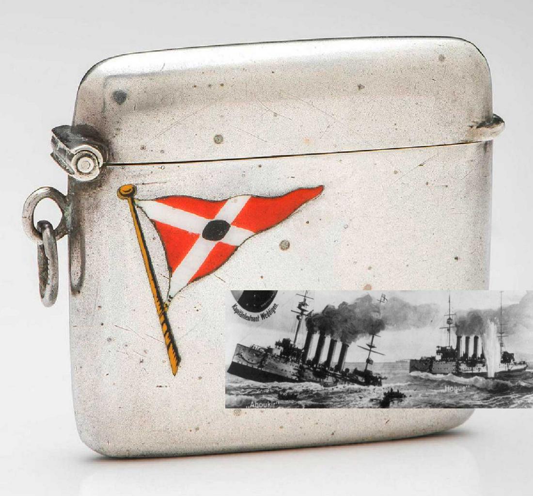GERMAN WW1 SILVER MATCH SAFE w. BOAT FLAG: EXTREMELY RARE ORIGINAL GERMAN WW1 SILVER MATCH SAFE with BOAT FLAG German, late 19th - early 20th century. A match safe with enamel decoration of a boat flag, attached link marked 800 for silver. SIZ