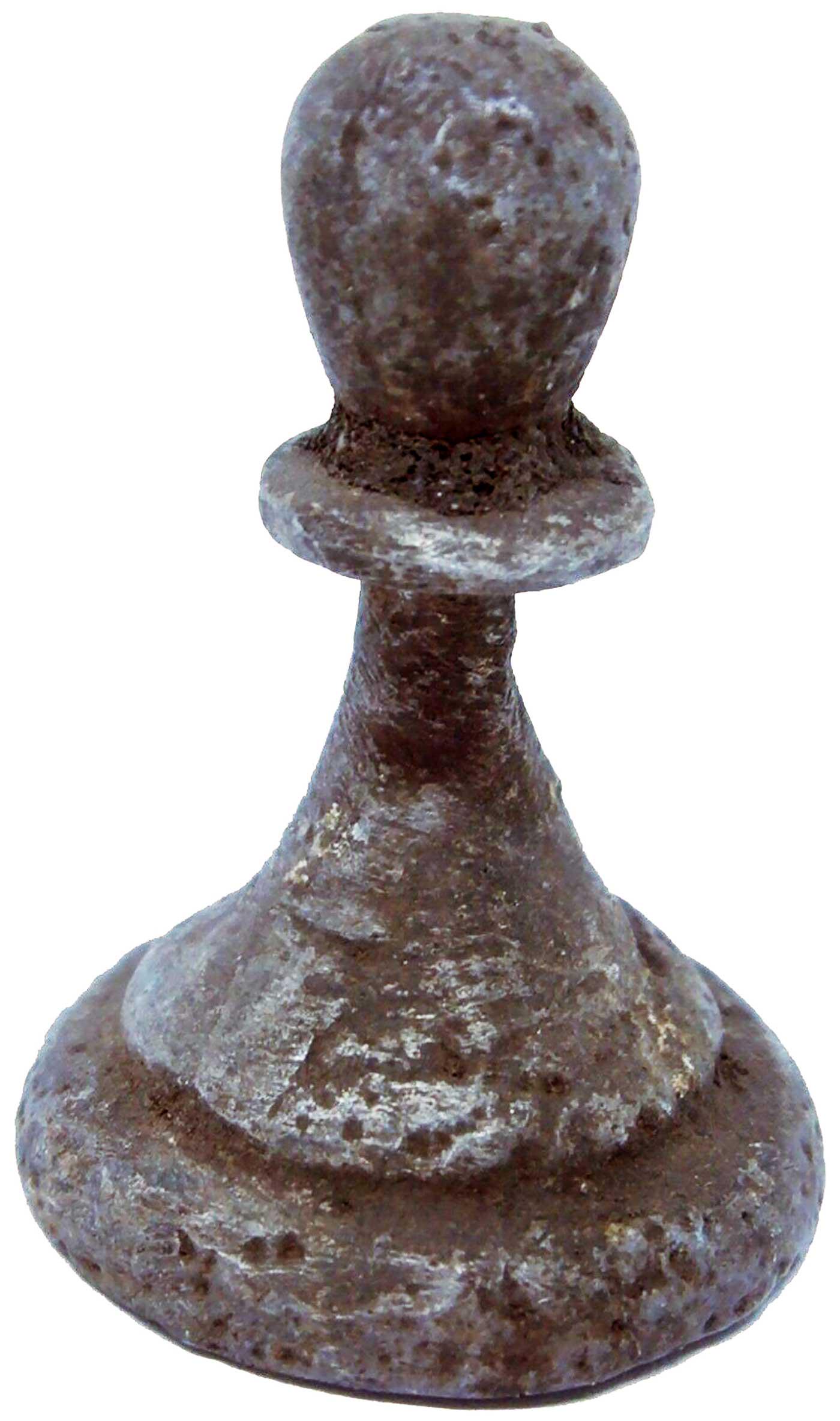 RUSSIAN SOVIET PAWN CHESS fr. GULAG CONCENTRATION CAMP: RUSSIAN SOVIET PAWN CHESS from GULAG CONCENTRATION CAMP, 1946-1953 Extremely rare witness of that awful period of history. Hansmade, metal. Ir was bought among other items from Gulag. SIZE: 30 x 40 mm