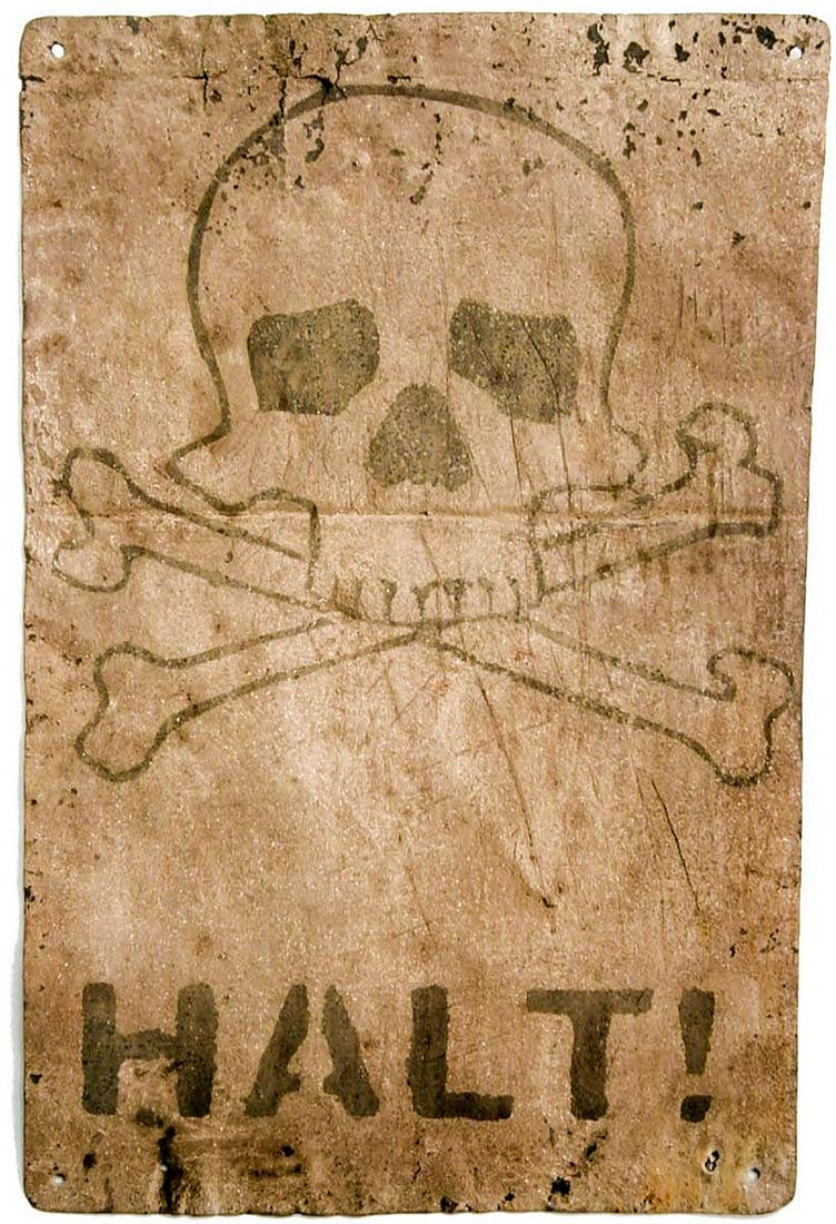GERMAN WW2 SIGN w. SKULL & BONES, 1941-1945: ORIGINAL GERMAN WW2 SIGN with SKULL and BONES, 1941-1945 Trench art, 1941-1945. Original, not reproduction. The item is perfect for museum or private collection. This kind of signs German regimes used