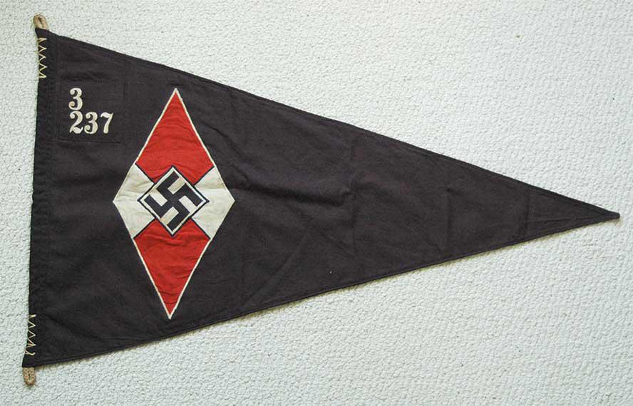 LARGE BATTLE GERMAN WW2 HITLER JUGEND PENNANT: LARGE BATTLE GERMAN WW2 HITLER JUGEND PENNANT The flag has embroidered number 3-237 - number of regiment !! It brought by German American soldier with Smith. The pennant with a few others flags and pe