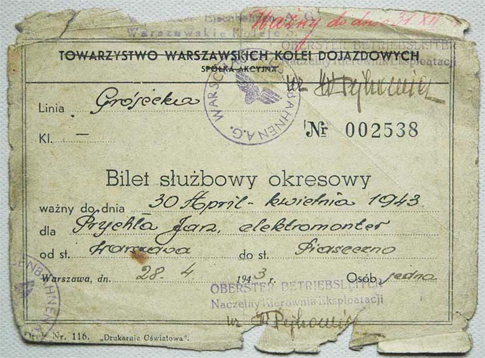 POLAND WW2 TICKET fr. WARSAW TO PIASECZNO, 1943: RARE ORIGINAL POLAND WW2 TICKET from WARSAW TO PIASECZNO, 1943 Real witness of that awful period of world history. We are selling an old collection of WW2 documents and other related WW2 items. Please