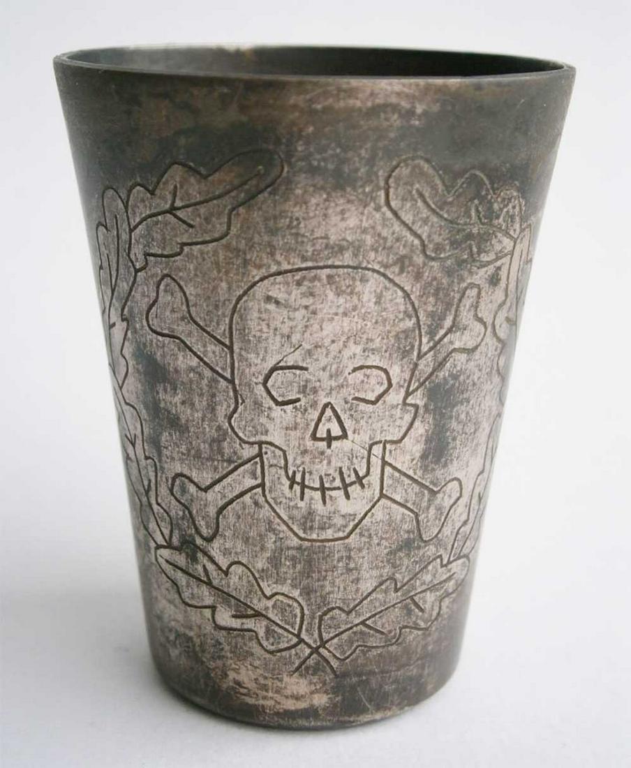 ORIGINAL GERMAN WW2 DRINK SHOT w. SKULL & BONES: ORIGINAL GERMAN WW2 DRINK SHOT with SKULL and BONES Trench art. This item was obtained from a large old collection in Europe. SIZE: 58 x 45 mm (2.28 x 1.77 inches). Original, not reproduction. From re