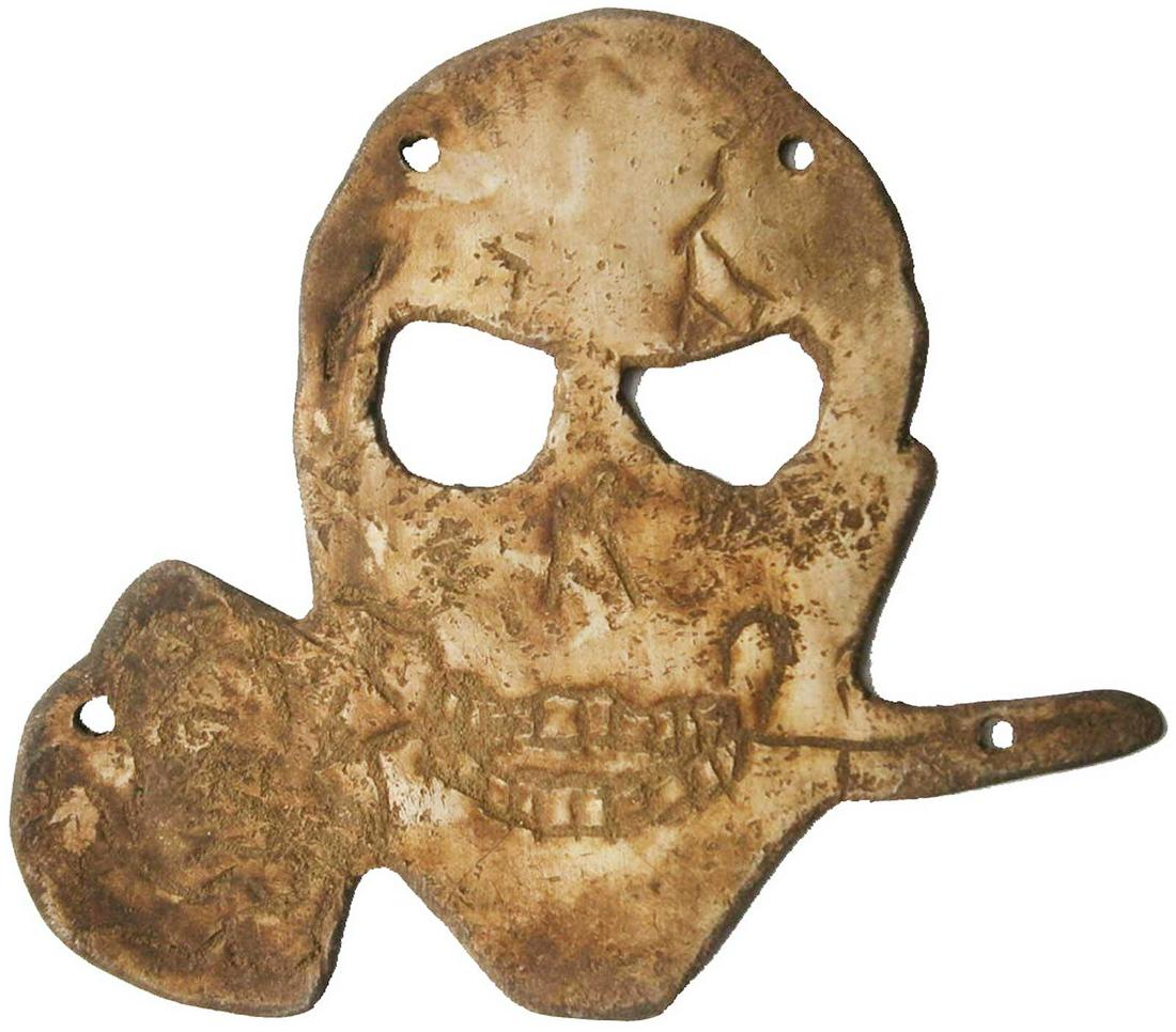 GERMAN WW2 COCKADE w. SKULL & BONES for HELMET: ORIGINAL GERMAN WW2 COCKADE with SKULL and BONES for HELMET Trench art. This item was obtained from a large old collection in Europe. SIZE: 65 x 57 mm. We are selling an old collection of WW2 trench a