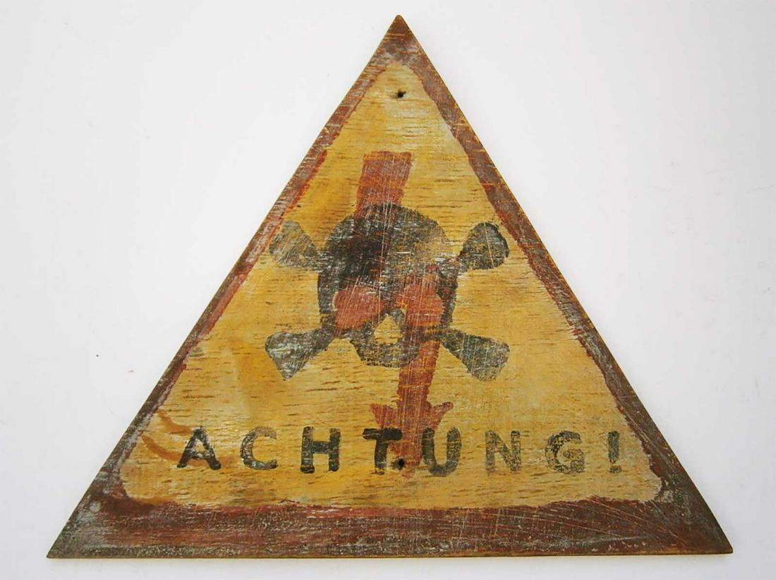 ORIGINAL GERMAN WW2 SIGN w. SKULL & BONES: ORIGINAL GERMAN WW2 SIGN with SKULL and BONES This item was obtained from a large old collection in Europe. SIZE: 240 x 210 x 5 mm. Please note: last image is for sample only. ESTIMATE PRICE: $300 - $
