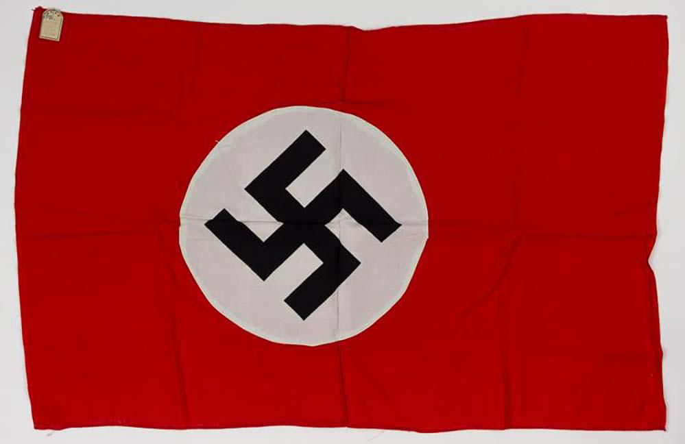 GERMAN WW2 LARGE NAZI FLAG w. SWASTIKA: ORIGINAL GERMAN WW2 LARGE DOUBLE-SIDED NAZI FLAG with SWASTIKA Double-sided NSDAP political flag, featuring a separate white disk with a printed black swastika sewn to each side. No hoist reinforcemen