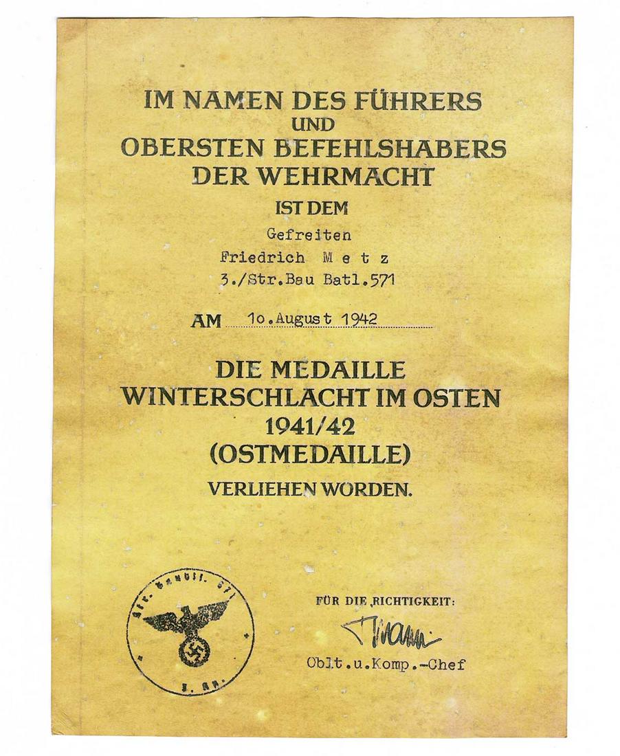 GERMAN WW2 AWARD DOCUMENT, 1942 (1 of 3)