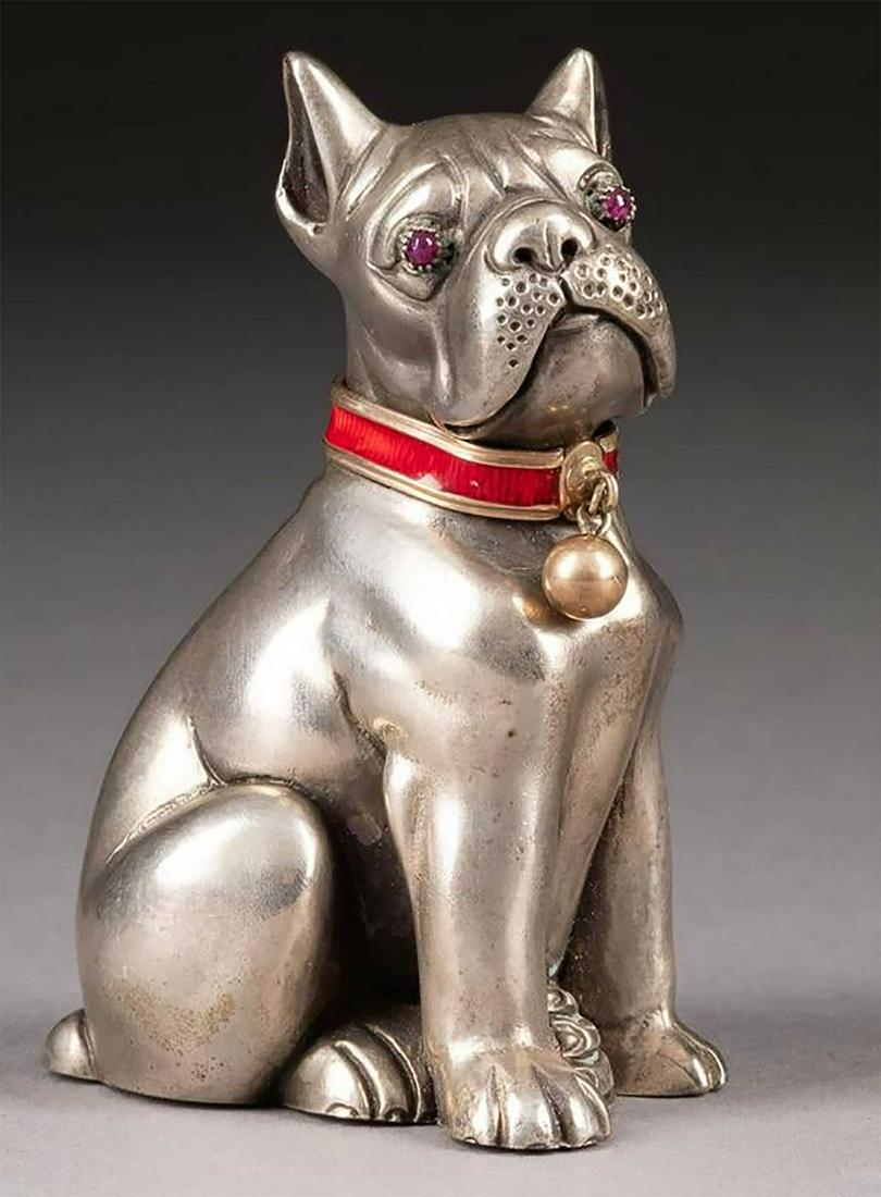 FABERGE - RUSSIAN SILVER & GOLD FIGURE of BOXER: FABERGE - RUSSIAN SILVER and GOLD FIGURE of DOG, BOXER Naturalistically cast, the gold-mounted collar with red translucent enamel. Russian hallmarks including 'FABERGE' in Cyrillic and "JA" in Cyrilli