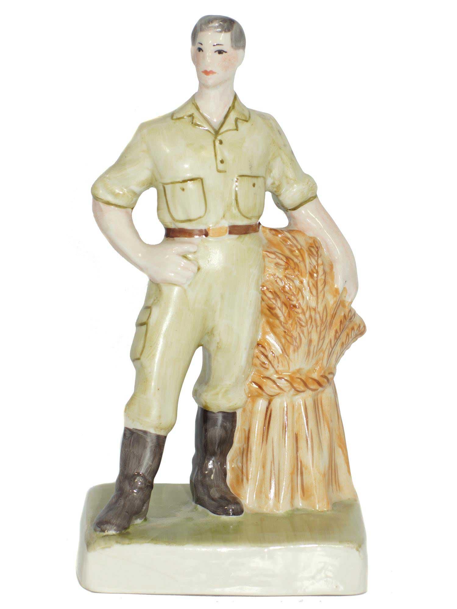 RUSSIAN SOVIET PROPAGANDA PORCELAIN FIGURINE: RUSSIAN SOVIET PROPAGANDA PORCELAIN FIGURINE, HAND PAINTED A Soviet Porcelain WWII Figurine. Russian worker with Wheat. Signed by the Artist: Prisyazhnyuk. Very Rare. CONDITION: The item is described 
