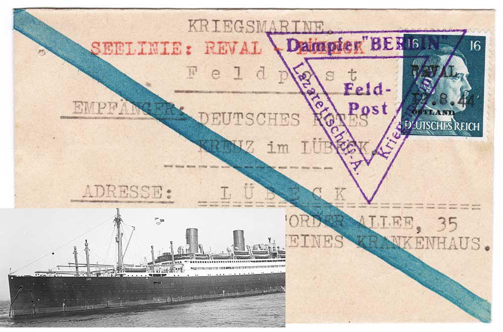 EXTREMELY RARE GERMAN WW2 POST, LAZARETTSCHIFT BERLIN: EXTREMELY RARE GERMAN WW2 POST, LAZARETTSCHIFT BERLIN, 1944 SeeLinie: REVAL-LUBECK. That Hospital were for only SS members. The letter shows what some information sent to DEUTCHES ROTES KREUZ about wo