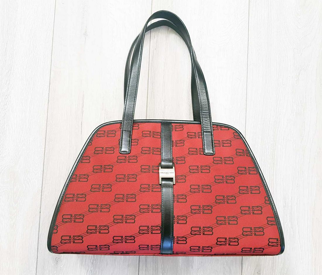 MINT BALENCIAGA Bb PATTERN LOGO NYLON HANDBAG: MINT BALENCIAGA Bb PATTERN LOGO NYLON CANVAS LEATHER HANDBAG For sale is Mint Balenciaga Handbag Tote Bag Bb Pattern Logo. Excellent condition. Classic Work Bag. COLOR: Dark red. Pattern Nylon Canvas.