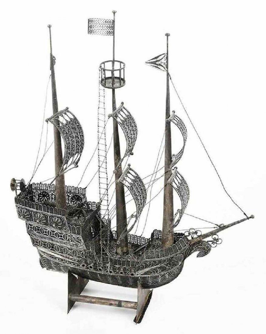 RARE SILVER FILIGREE LARGE SAILING SHIP: EXTREMELY RARE SILVER FILIGREE LARGE SAILING SHIP Galleon form, no marks found, .900 test or better. Very nice and complicated job. LARGE SIZE: 38.7 cm (15 1/4 inches). Weight: 576 grams (20.33 oz.) w