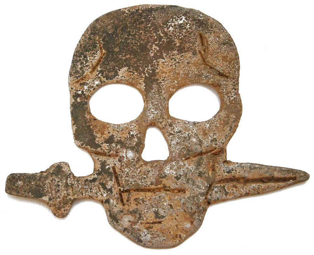 GERMAN WW2 SKULL & BONES w. SWORD: GERMAN WW2 SKULL and BONES with SWORD Trench art. This item was obtained from a large old collection in Europe. CONDITION: The item is described to the best of our knowledge. Please refer to pictures