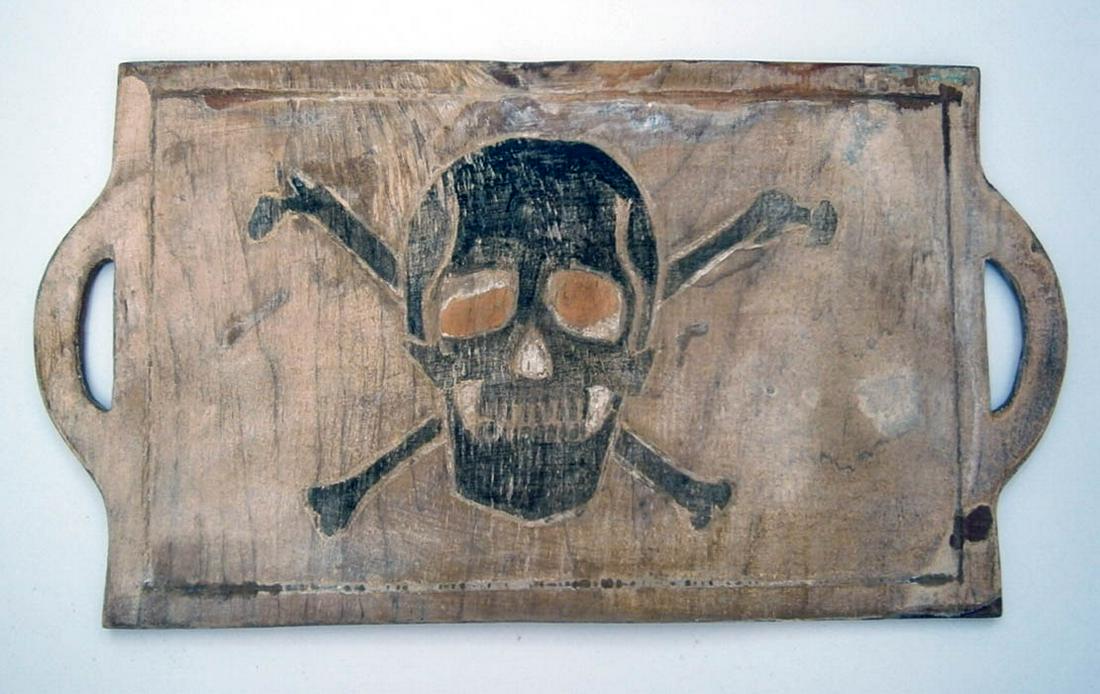 GERMAN WW2 TRAY, SALVER w. SKULL & BONES: GERMAN WW2 TRAY, SALVER with SKULL and BONES Wood, trench art. Original, not reproduction. From real old collection! The item is for historic museum or private collection. CONDITION: The item is descr
