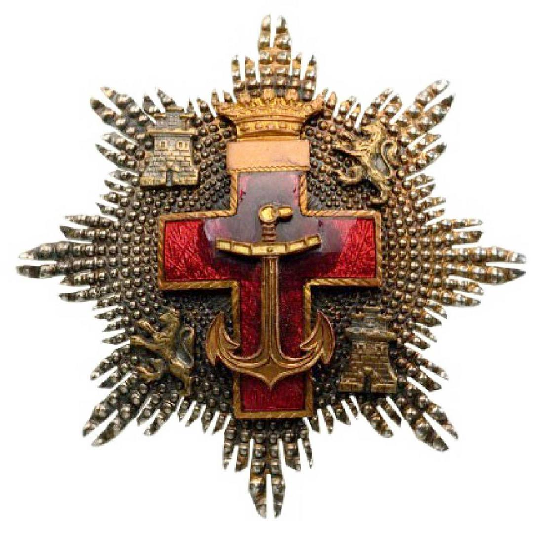 ORDER of NAVAL MERIT for LEGION CONDOR, 1936: ORDER of NAVAL MERIT for LEGION CONDOR, 1936 Red Enamel for Merit in War Time, Franco Type, instituted in 1895. Breast Star, Silver, partially gilt and enamelled, reverse gilt with vertical pin and tw