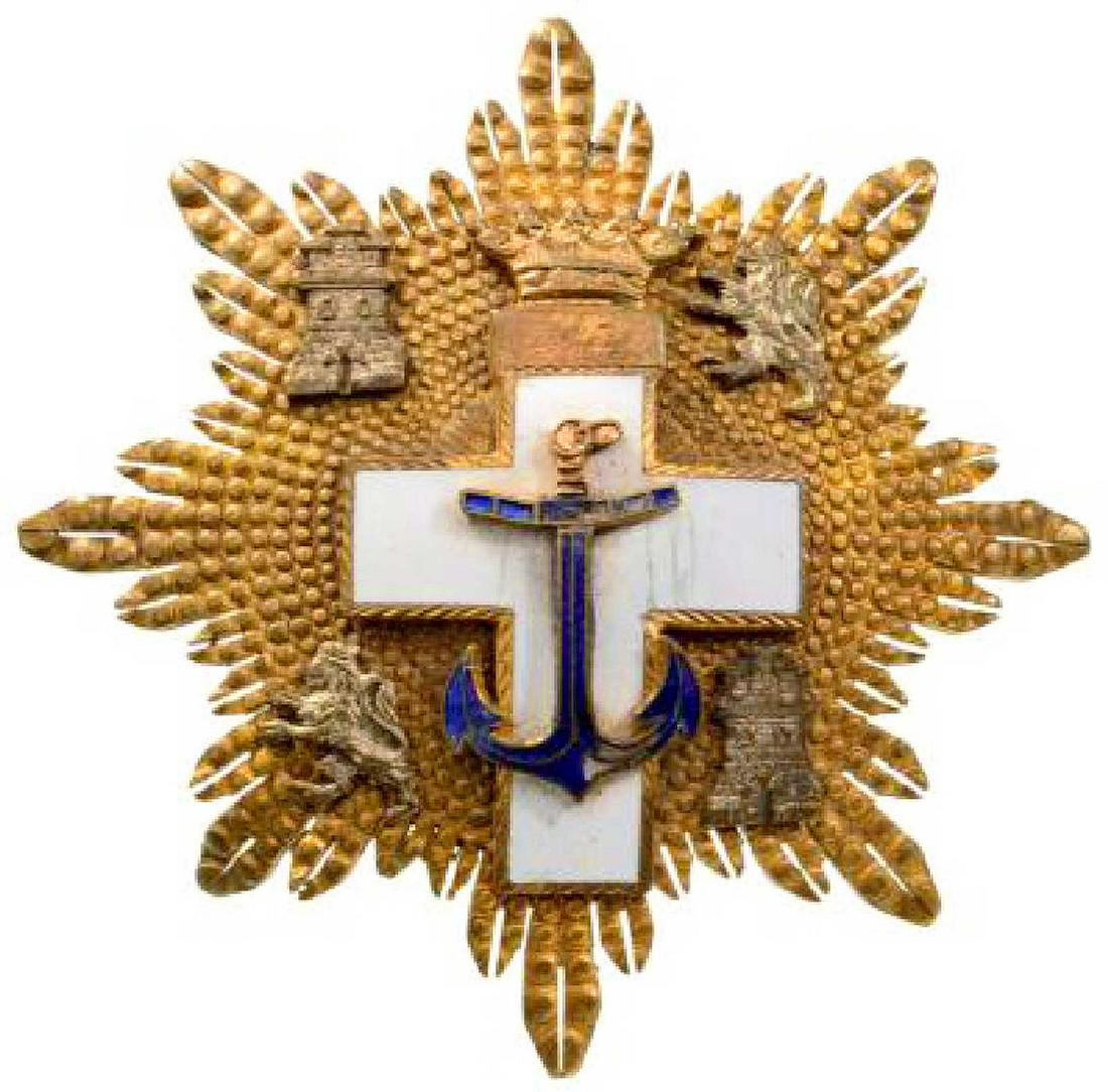SPANISH ORDER of NAVAL MERIT for LEGION CONDOR, 1936: SPANISH ORDER of NAVAL MERIT for LEGION CONDOR, 1936 Grand Cross Star White Division, instituted in 1895. Breast Star, bronze gilt with brilliant cut rays, superimposed parts gilt, enamelled, reverse 