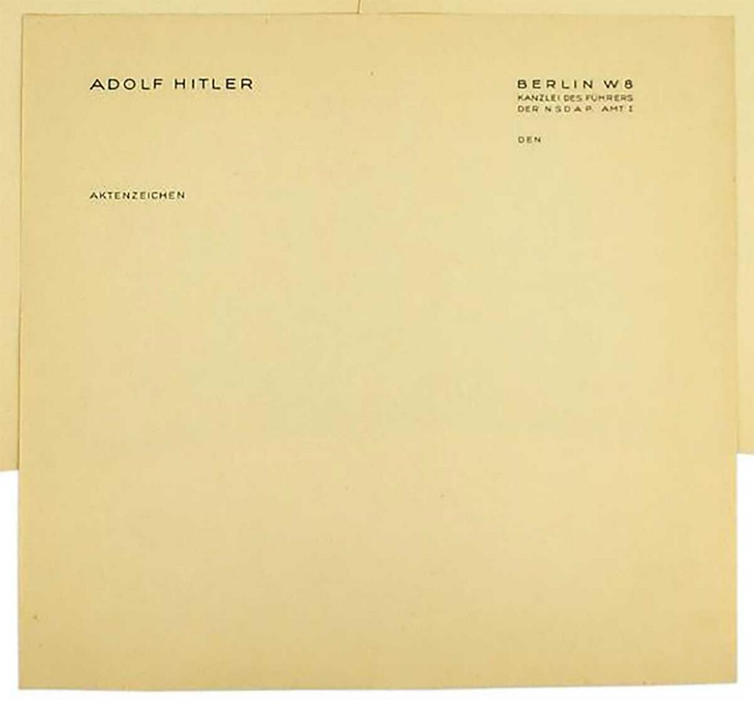 ORIGINAL ADOLF HITLER AKTENZEICHEN LETTERHEADS: ORIGINAL ADOLF HITLER AKTENZEICHEN LETTERHEADS, FELDPOST Original "ADOLF HITLER - AKTENZEICHEN" letterheads. Also, with "BERLIN W8 - KANZLEI DES FUHRERS - DER N.S.D.A.P. AMT 1". This is for "REFERENCE