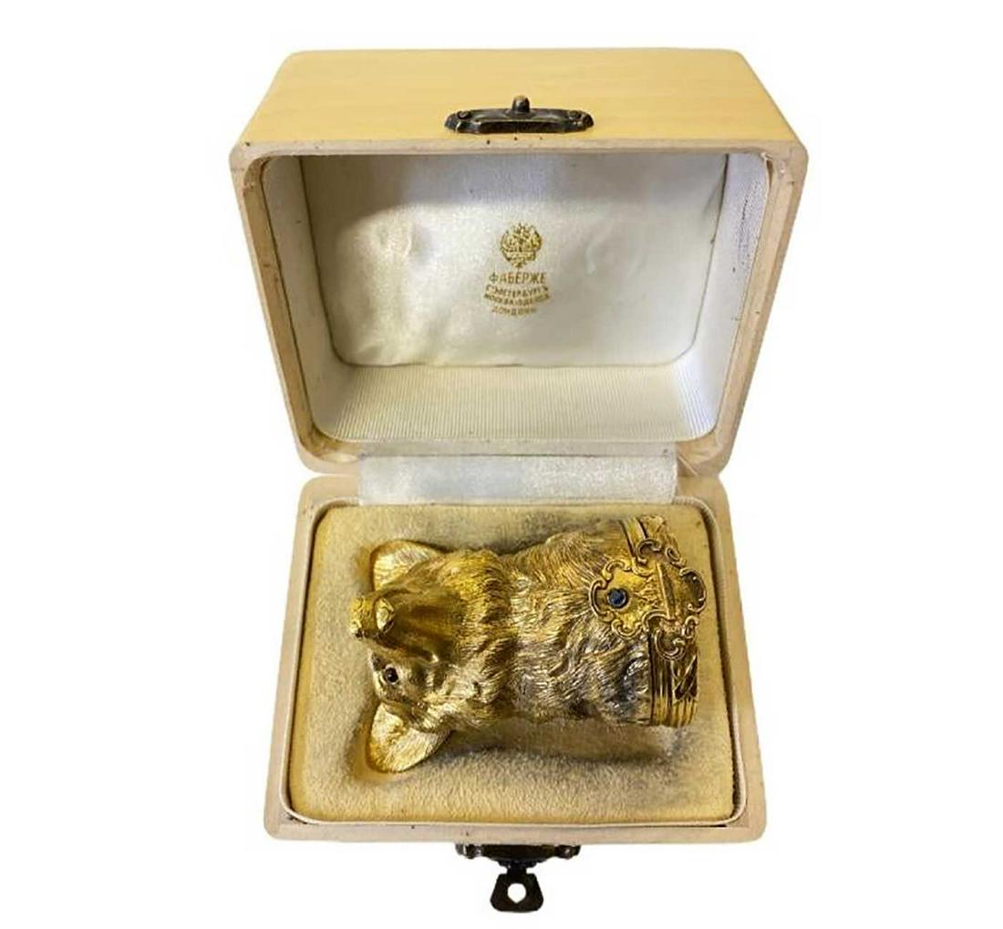 FABERGE - RUSSIAN IMPERIAL SILVER PILL BOX, CASED: FABERGE - RUSSIAN IMPERIAL SILVER PILL BOX, CASED Antique Russian 84 Gilt Silver Russian Pill Box Fox. In Case. Diamond Crown With Enamel work to bottom. Stamped 84 for silver content, FABERGE and S.W