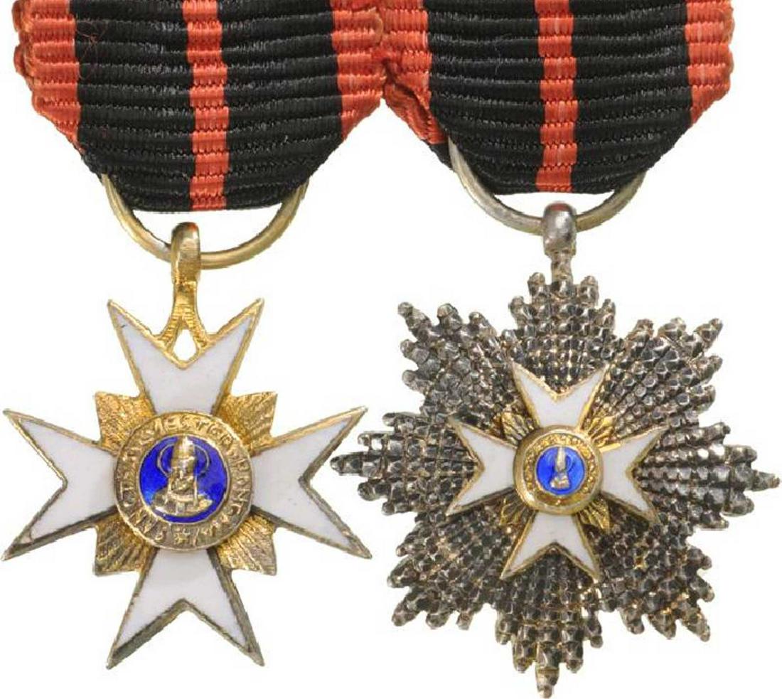 ORDER of SAINT GREGORY, GRAND CROSS SET, 1st CLASS,: ORDER of SAINT GREGORY, GRAND CROSS SET, 1st CLASS, 1831 Grand Cross Set Miniature, 1st Class, instituted in 1831. Sash Badge, gilt Silver, 17 mm, enamelled, both central medallions gilt silver, ename