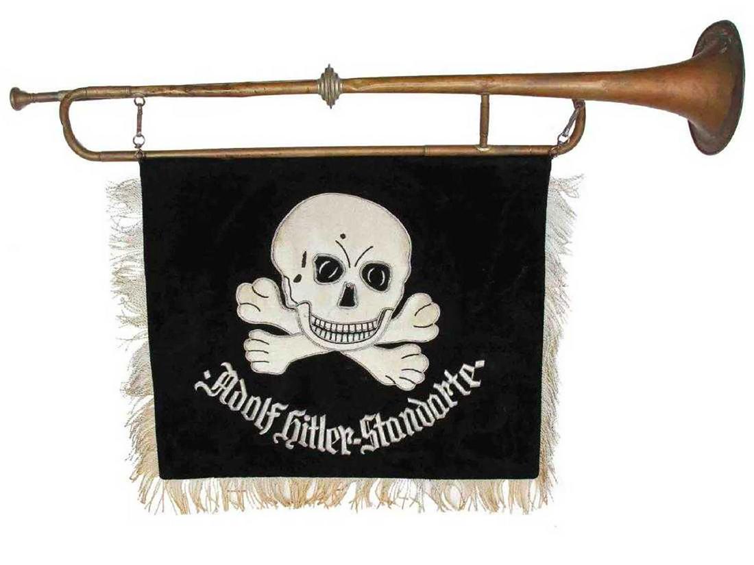 RARE GERMAN WW2 SS BUGLE with PENNANT: RARE GERMAN WW2 SS BUGLE with PENNANT Brass bugle (horn) with early type banner embroidered "Adolf Hitler Standarte". The item is still coming in very nice condition. ESTIMATE PRICE: $2,500 - $3,000. 