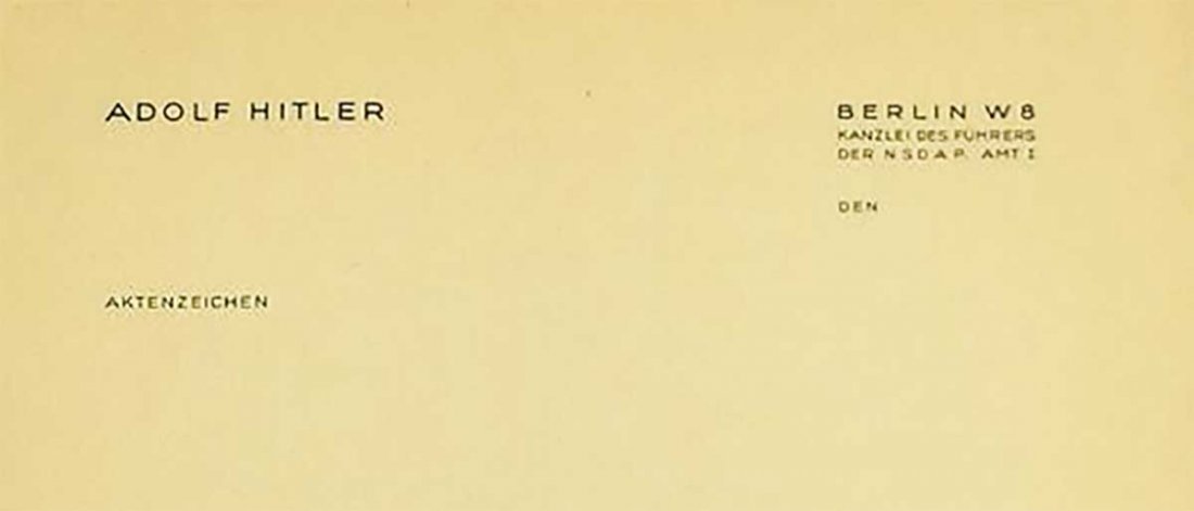 ORIGINAL ADOLF HITLER AKTENZEICHEN LETTERHEADS: ORIGINAL ADOLF HITLER AKTENZEICHEN LETTERHEADS, FELDPOST Original "ADOLF HITLER - AKTENZEICHEN" letterheads. Also, with "BERLIN W8 - KANZLEI DES FUHRERS - DER N.S.D.A.P. AMT 1". This is for "REFERENCE