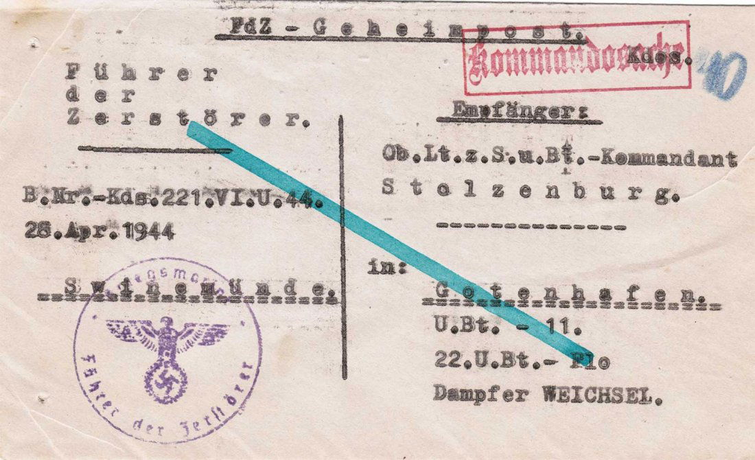EXTREMELY RARE GERMAN WW2 POST U-BOAT U-22: EXTREMELY RARE GERMAN WW2 POST U-BOAT U-22, 1944 The letter has a status TOP SECRET (GeheimPost) and sent from headquarters to komandant of U-Boat U-22. Envelope has five rare Stamps. Inside the envel
