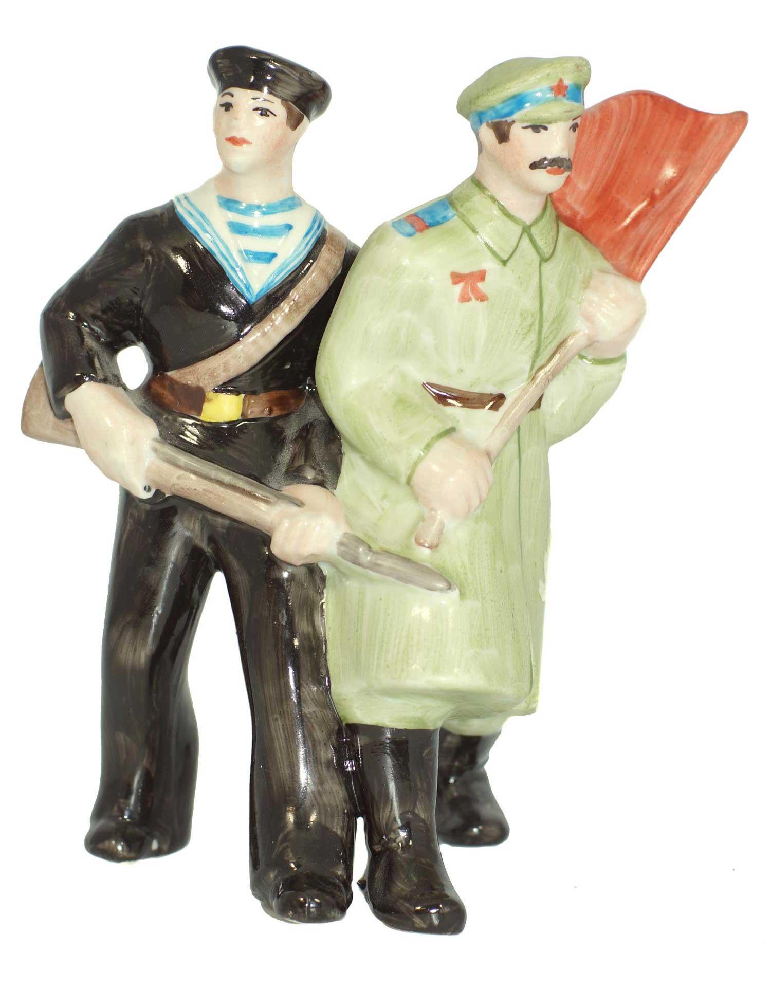 RUSSIAN SOVIET PROPAGANDA PORCELAIN FIGURINE: RUSSIAN SOVIET PROPAGANDA PORCELAIN FIGURINE, HAND PAINTED A Soviet Porcelain WWII Figurine. Russian Marine and Soldier with flag. Signed by the Artist: Prisyazhnyuk. Very Rare. CONDITION: The item is