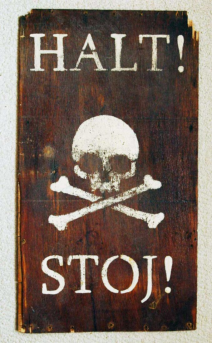 GERMAN WW2 SIGN STOP - HALT w. SKULL & BONES: EXTREMELY RARE GERMAN WW2 SIGN STOP - HALT with SKULL and BONES Inscriptions are made in two languages: Polish and German. It is a real witness of World history. LARGE SIZE: 540 x 300 mm. This item wa
