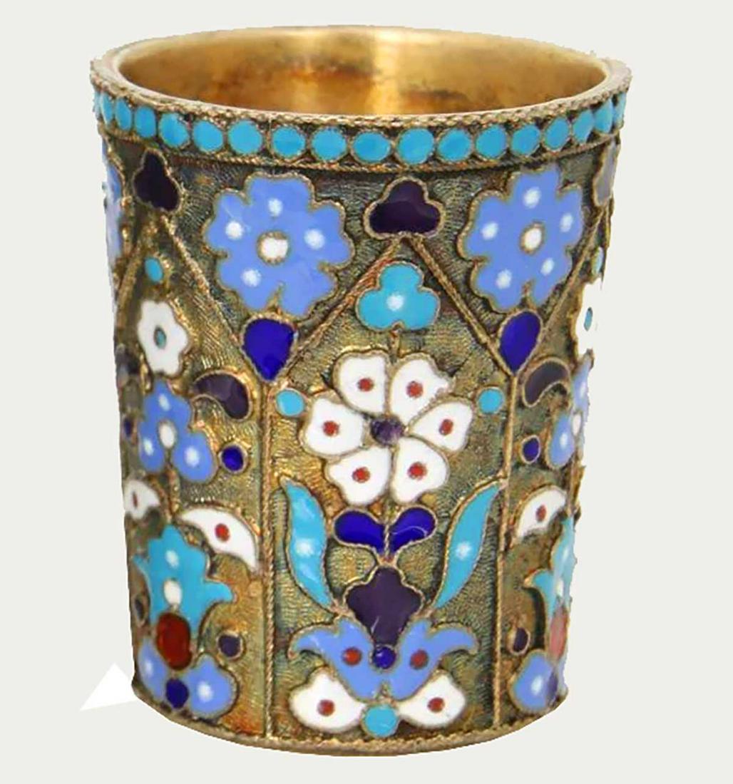 ANTIQUE RUSSIAN SILVER GILDED & ENAMELLED CUP: ANTIQUE RUSSIAN SILVER GILDED and ENAMELLED CUP Rare Russian silver gilded and enamelled cup. It has a few marks: 84 for silver content and CG in Cyrilic for silver master Sergei Ivanovich Gubkin. CON
