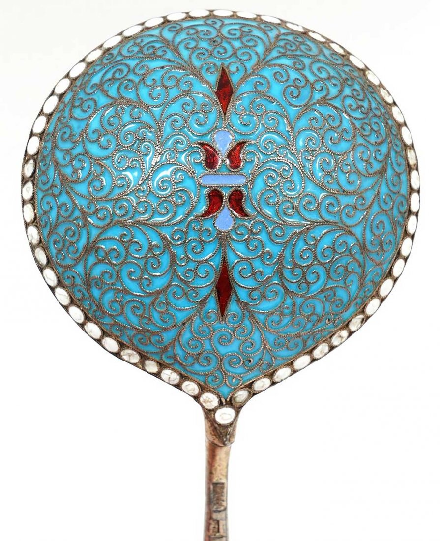RUSSIAN IMPERIAL SILVER ENAMEL MASTER SPOON: NICE RUSSIAN IMPERIAL SILVER ENAMEL MASTER SPOON Russian Imperial 84 gilt silver red and blue enamel spoon. The item is very nice made and has a maker marks: 84 for silver and GK for workmaster - Gust