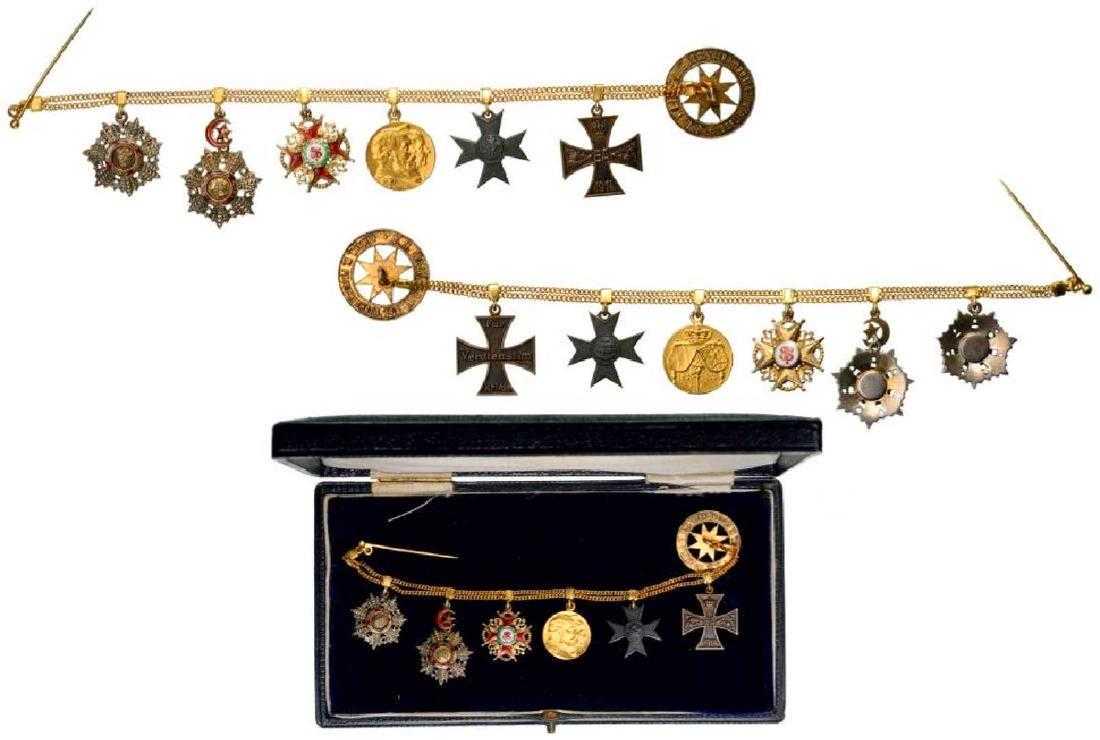 BAR of 6 MINIATURE, GRAND CROSS, ORDER of STANISLAUS: VERY RARE BAR of 6 MINIATURE, GRAND CROSS 1st CLASS SET, ORDER of STANISLAUS, CASED Grand Cross 1st Class Set Miniatures. Breast Star, 17 mm. Silver, Sash Badge, 24x18 mm. Silver, Russia, Order of Sta