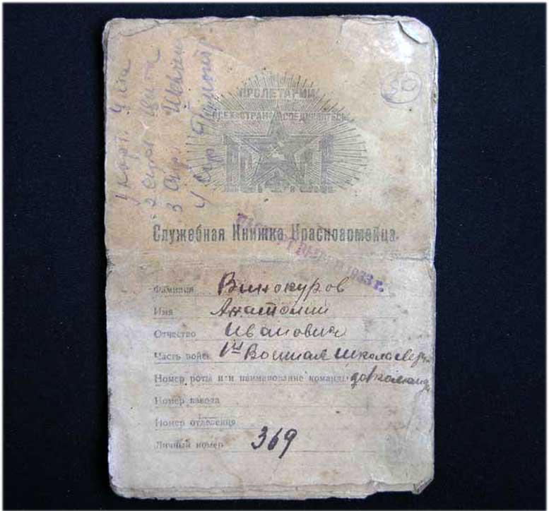MILITARY RED ARMY ID RUSSIAN DOCUMENT, 1924: SOVIET MILITARY RED ARMY ID RUSSIAN DOCUMENT, 1924 This is authentic USSR military ID that was used In Red Army In Early 20 Century. ID Was Filled To Anatoliy Vinokurov and Dated 1924. He Served At 1s