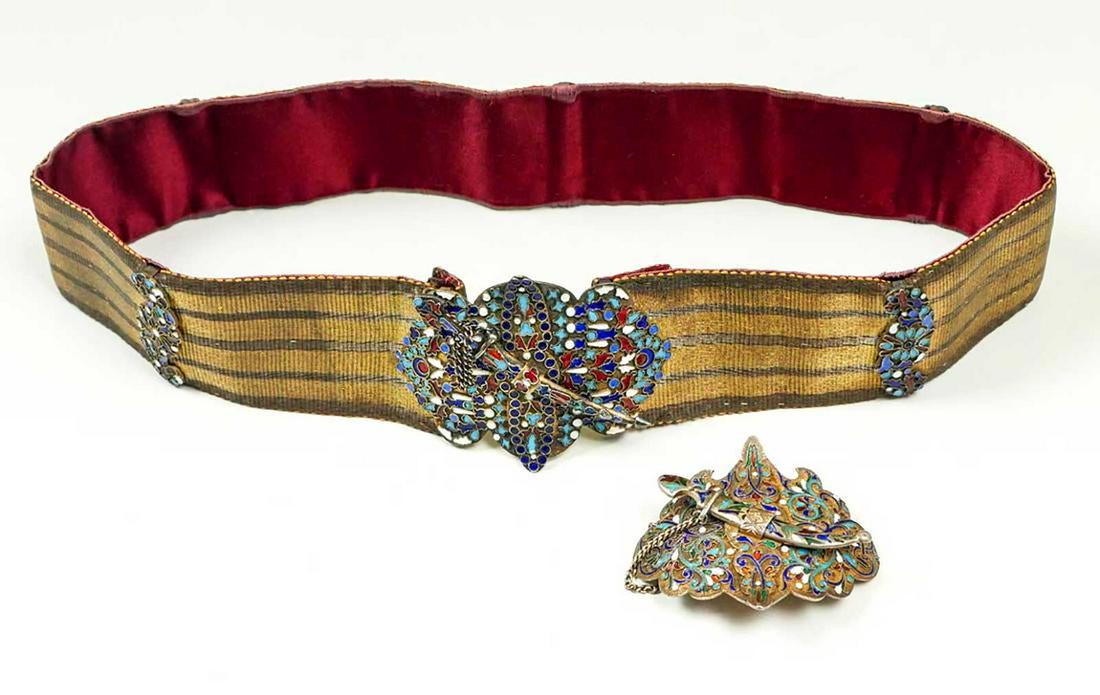 CAUCASIAN BELT, SILVER CLOISONNE BUCKLES &: CAUCASIAN BELT, SILVER CLOISONNE TWO BUCKLES & EMBELLISHMENT Both items date to 1882-1899. Lovely silk sash/belt measures 26.25'' (67 cm) including silver cloisonne buckle. Sash is 1.75'' wide and is 