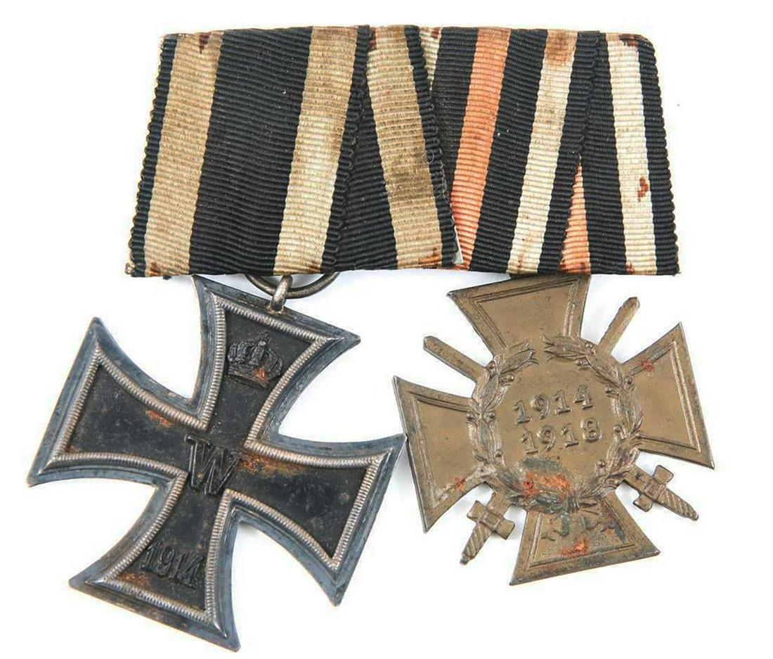 GERMAN MPERIAL WW1 BAR w. IRON CROSS & MEDAL: GERMAN MPERIAL WW1 BAR with IRON CROSS & MEDAL Medal bar set, 2nd class Iron Cross and Hindenburg medal. The medal is marked on the back: W.K. From real old collection! The item is for historic museum