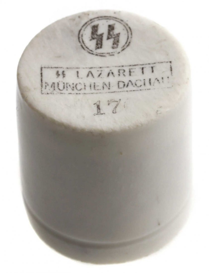GERMAN WW2 DACHAU SS LAZARETT MEDICAL CUP: RARE GERMAN WW2 DACHAU SS LAZARETT MEDICAL CUP WWII medical white cup from the concentration camp Dachau (is about 16 km northwest of Munich in the state of Bavaria, in southern Germany) SS Lazarett. 