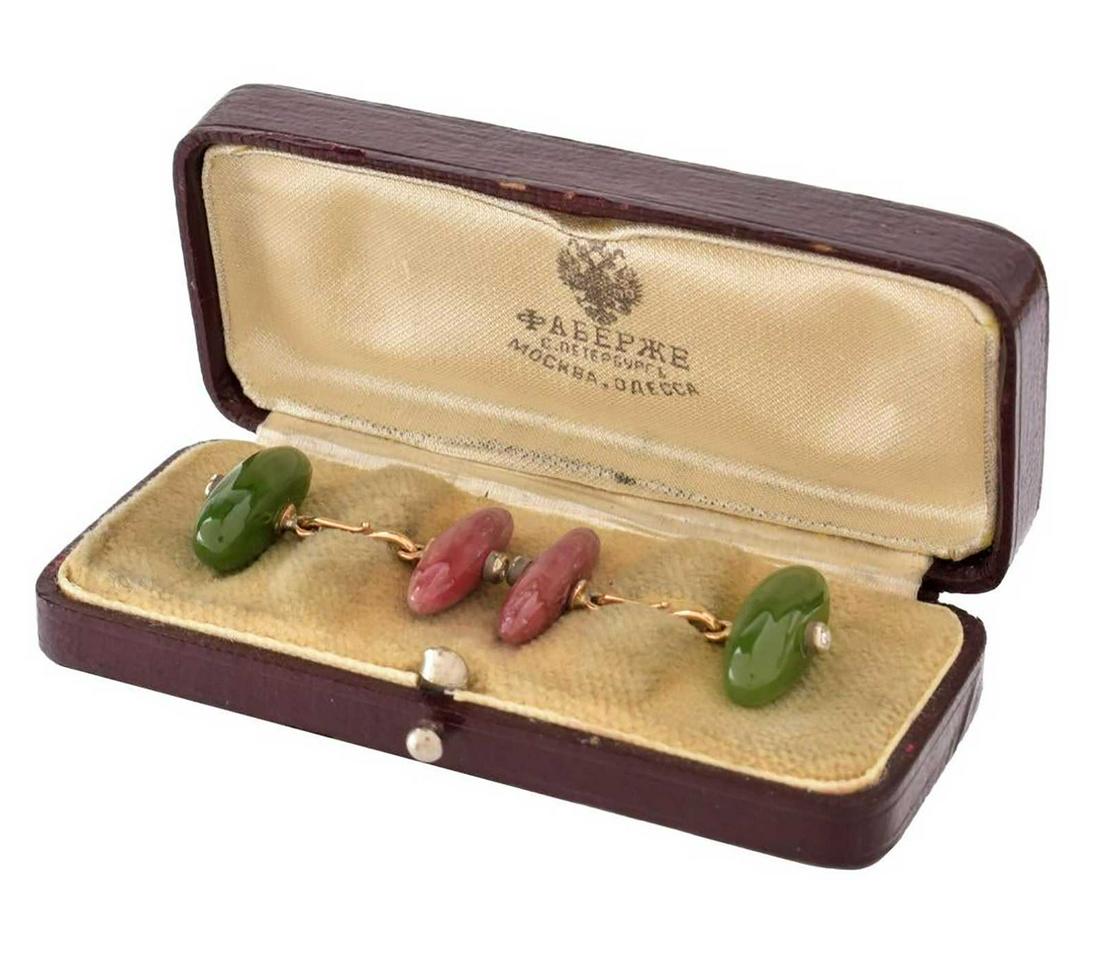 FABERGE - RUSSIAN GOLD JADE RHODONITE CUFFLINKS (1 of 7)