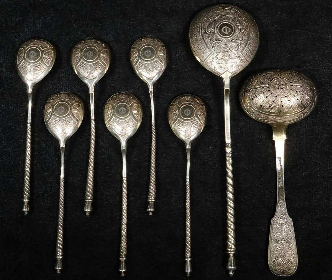 RUSSIAN EIGHT SILVER GILT-WASHED SPOONS, MARKED (1 of 9)