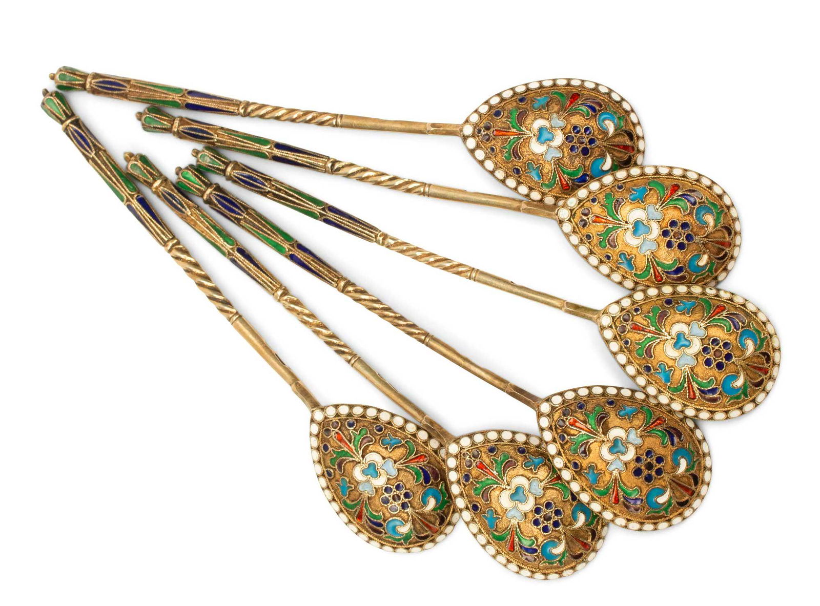 RUSSIAN ANTIQUE 6 SILVER & ENAMEL SPOONS, CASED: RUSSIAN ANTIQUE SIX SILVER and ENAMEL SPOONS, CASED A set of six silver-gilt teaspoons, cased. CONDITION: Overall condition good. The item is described to the best of our knowledge. Please refer to pi