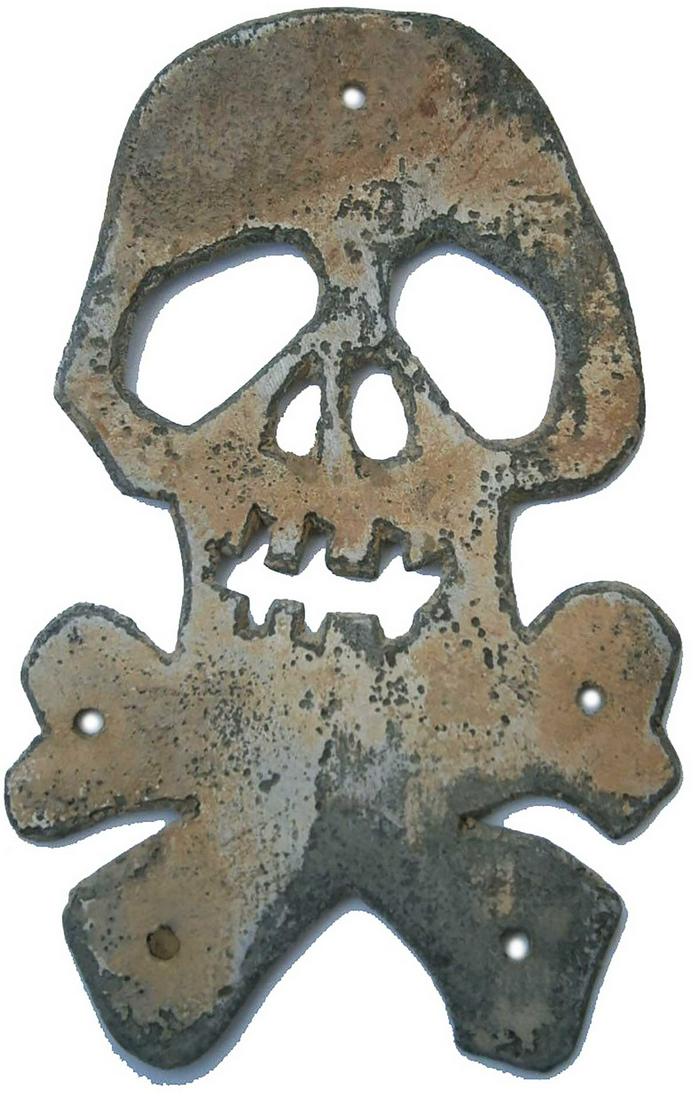 GERMAN WW2 COCKARDE w. SKULL & BONES for HELMET: GERMAN WW2 COCKARDE with SKULL and BONES for HELMET Trench art. This item was obtained from a large old collection in Europe. LARGE SIZE: 85 x 53 mm. We are selling an old collection of WW2 trench art