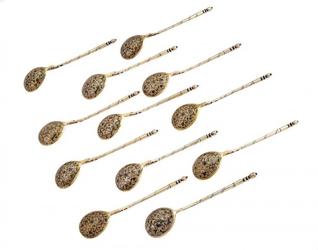 RUSSIAN SET of TWELVE SILVER and NIELLO TEASPOONS (1 of 12)