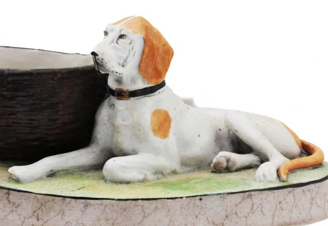 RUSSIAN SOVIET PORCELAIN MATCH HOLDER,1930s: RARE RUSSIAN ANTIQUE SOVIET PORCELAIN MATCH HOLDER,1930s An antique match strike and holder with a porcelain composition'A Dog with a basket'. Made by the Dmitrov Porcelain Factory in Verbilki (former