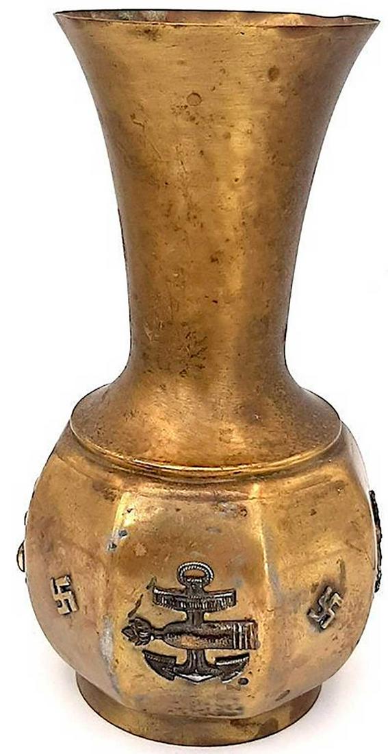GERMAN WW2 U-BOAT SILVERWARE VASE w. SWASTIKA: GERMAN WW2 U-BOAT KRIEGSMARINE NAVAL KM SILVERWARE VASE with SWASTIKA Kriegsmarine U-boat silverware vase. Eight-faced trinket with each face having a soldered cypher. From left to right: tilted swast