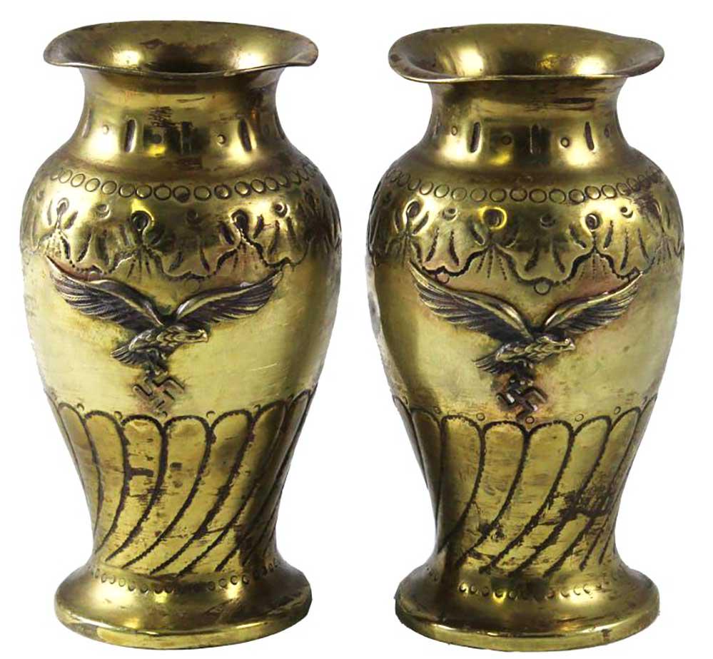 GERMAN WW2 PRESANTATION VASE w. LUFTWAFFE EAGLE: GERMAN WW2 PRESANTATION VASE with LUFTWAFFE EAGLE, 1942 Brass Vase with Luftwaffe eagle clutching swastika in its talons. Vase is worn, with apparent hand - tooling. Unusual. The item is bought from a