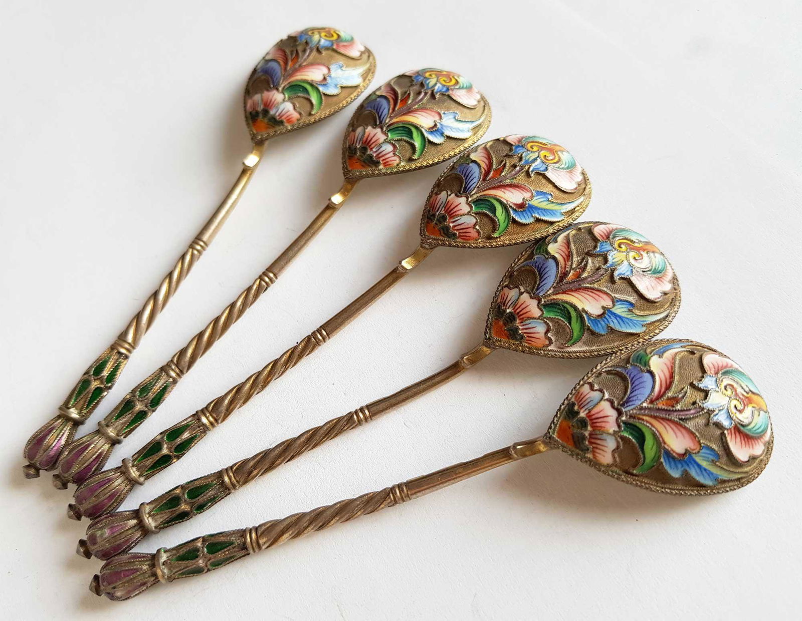 SET of FIVE RUSSIAN SILVER CLOISONNE ENAMEL SPOONs (1 of 18)