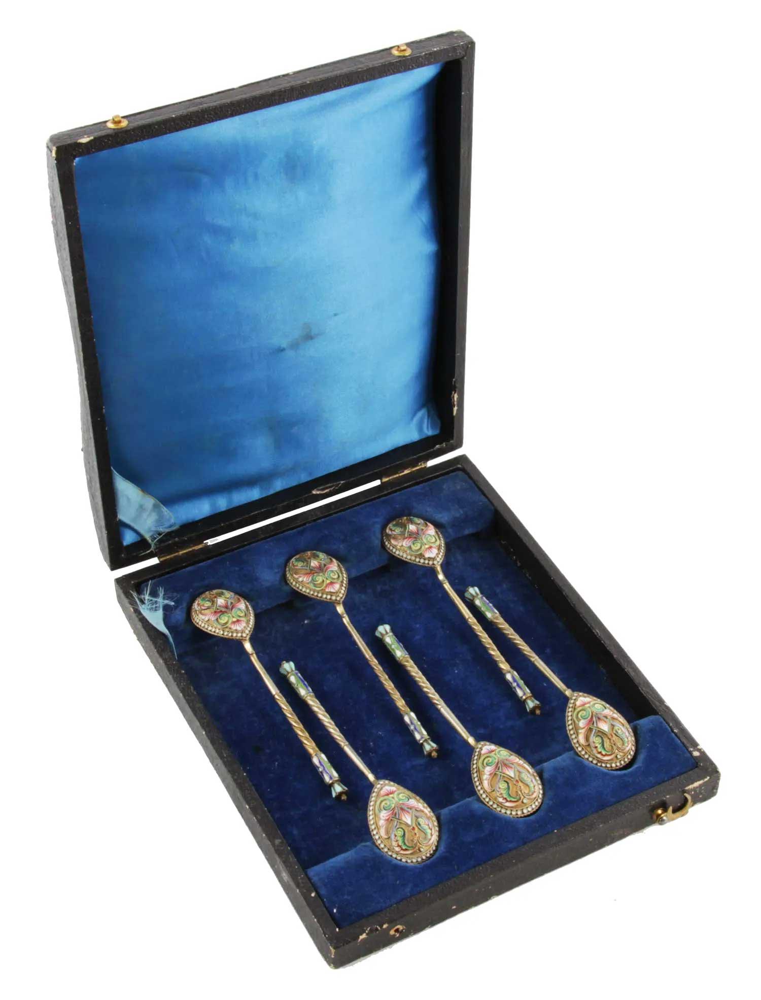 RUSSIAN ANTIQUE 6 SILVER & ENAMEL SPOONS, 1892: RUSSIAN ANTIQUE SIX SILVER and ENAMEL SPOONS, 1892, from Christie's A set of 6 silver-gilt TEA SPOONS with stylized patterns in the neo-Russian style, made using the technique of polychrome cloisonne