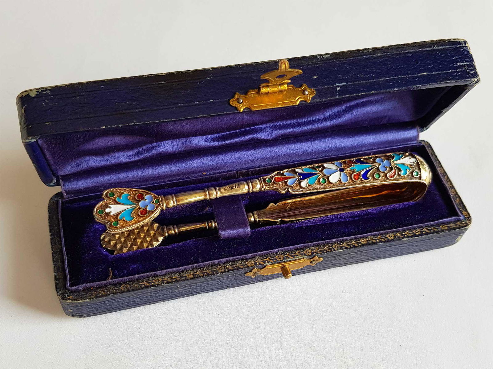 RUSSIAN SILVER & ENAMEL PAIR of SUGAR TONG, BOXED (1 of 14)