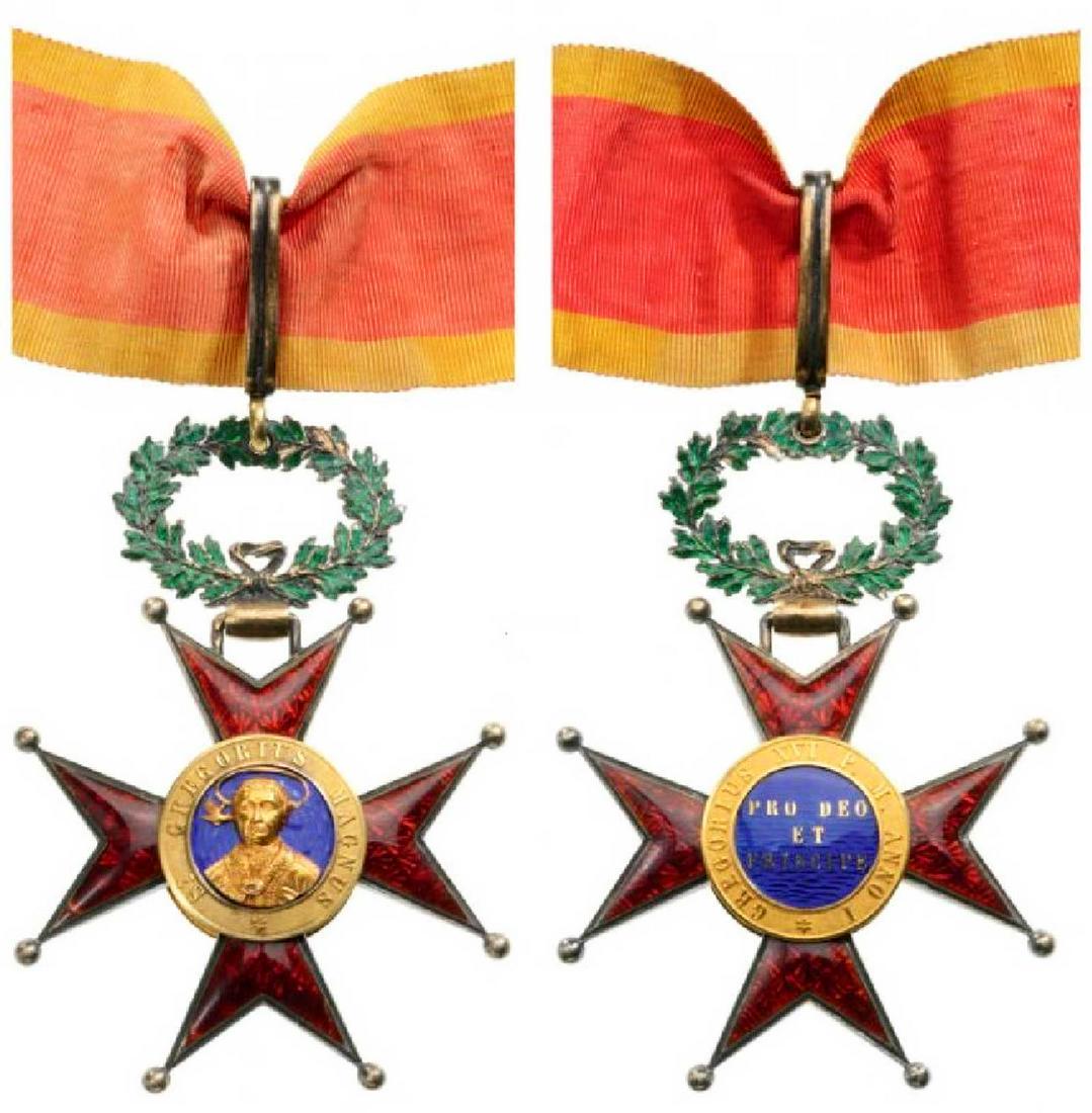 ORDER of SAINT GREGORY, COMMANDEr's CROSS, 1831: RARE ORDER of SAINT GREGORY, COMMANDER's CROSS, 1831 COMMANDER's Cross, instituted in 1831. Neck Badge, 80 x 55 mm, gilt Silver, hallmarked 'eagle 's head', enamelled on both sides, suspension wreath,