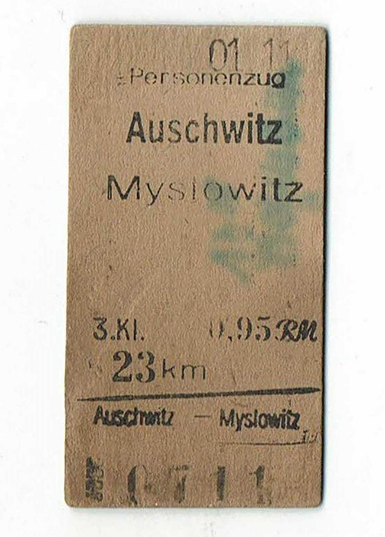 GERMAN WW2 TRAIN TICKET to AUSCHWITZ, 1944 KL, KZ: EXTREMELY RARE GERMAN WW2 TRAIN TICKET to AUSCHWITZ, 1944 The ticket is from Myslowitz in Poland to Auschwitz concentration camp. Very often that ticket was in a one way - to concentration camp as a p