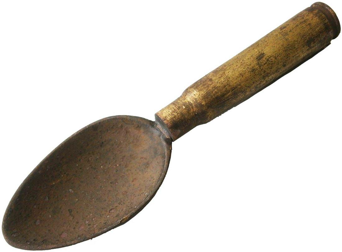 GERMAN WW2 SPOON fr. SHELL CARTRIDGE, TRENCH ART: RARE GERMAN WW2 SPOON from SHELL CARTRIDGE, 1938 Trench art. ESTIMATE PRICE: $20 - $60. HISTORY of SALES: A few years ago the same items were sold on eBay for $90 and $95 - please see the screenshots.