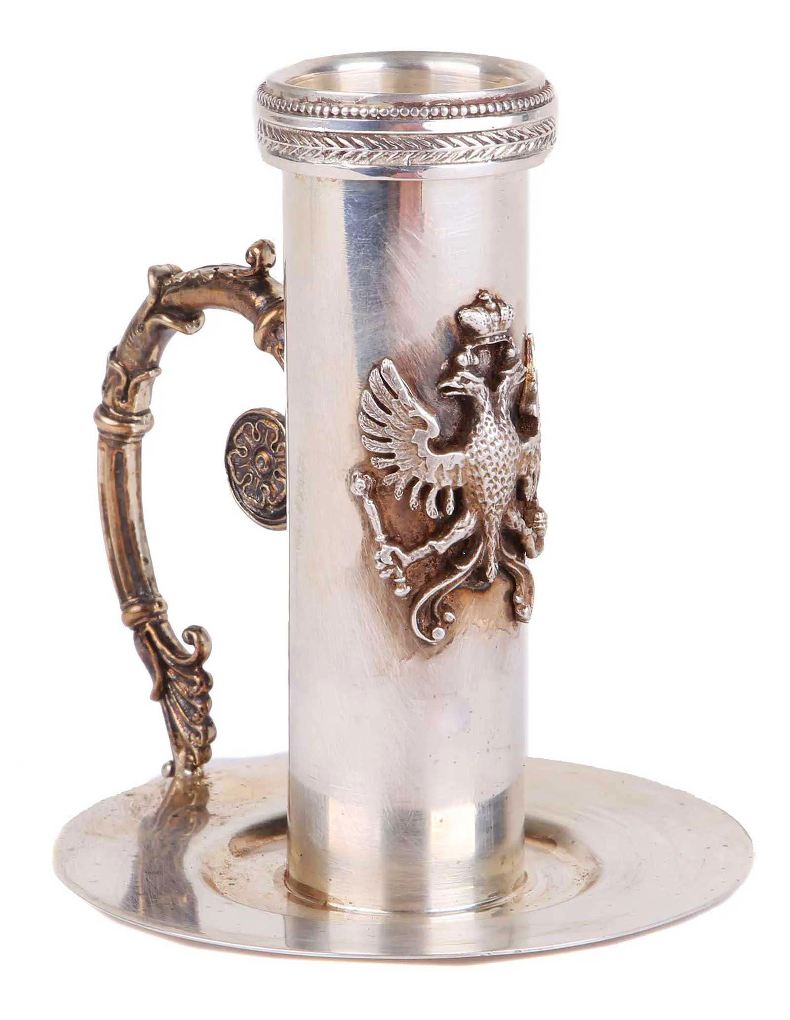 ANTIQUE RUSSIAN IMPERIAL SILVER CADLESTICK, GRACHEV: ANTIQUE RUSSIAN IMPERIAL SILVER CADLESTICK, GRACHEV Russian silver candlestick with a twisted handle and decorated with a patterned rim on the top and the Imperial Warrant on the middle. Russian hallm