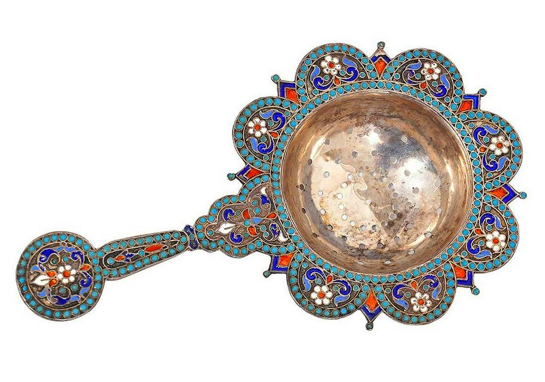 RUSSIAN IMPERIAL SILVER ENAMELLED TEA STRAINER (1 of 13)